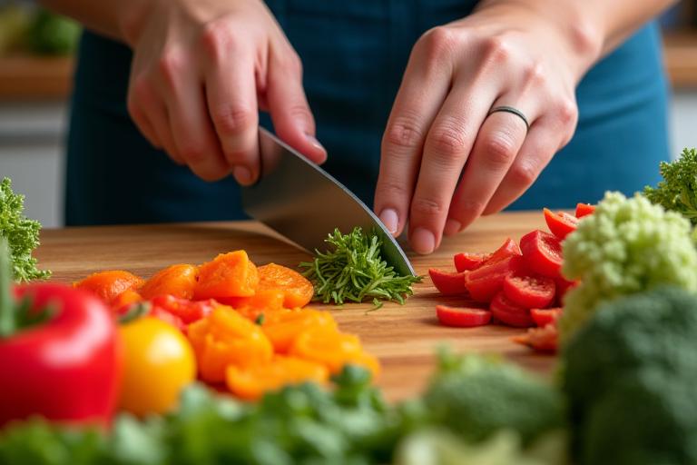 Manos cortando verduras frescas en una tabla de cocina, con una variedad de vegetales coloridos alrededor.