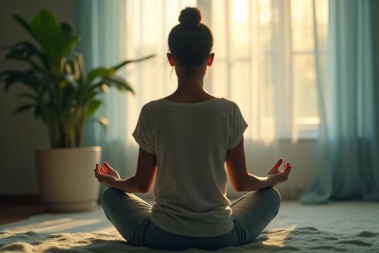 Persona meditando pacíficamente en una posición de loto, con luz suave y un ambiente tranquilo.