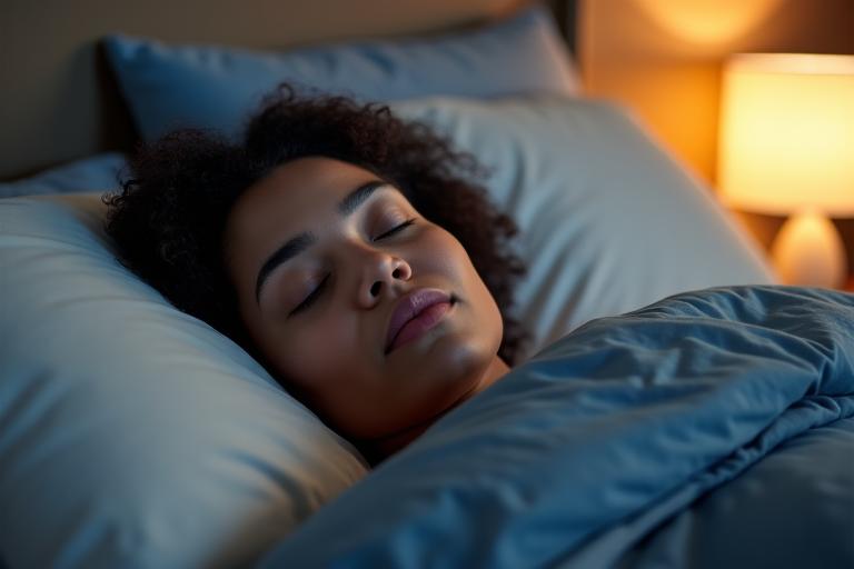 Persona durmiendo plácidamente en una cama limpia y acogedora, con luz tenue y ropa de cama suave, transmitiendo confort.