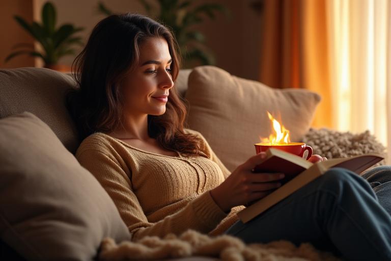Joven mujer relajándose en un sofá, leyendo un libro y bebiendo té, transmitiendo calma y bienestar.