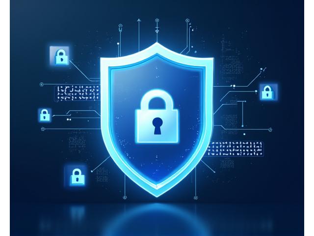 Ilustración de seguridad de datos con un escudo y símbolos de protección digital.