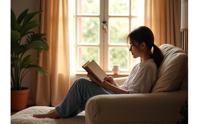 Persona sentada en un lugar tranquilo, leyendo un libro y bebiendo té
