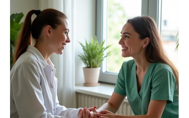 Profesional de la salud conversando amigablemente con un cliente en un entorno de consulta