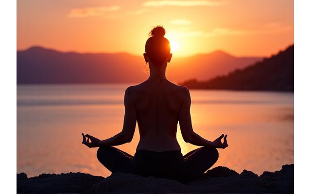 Persona meditando al atardecer en una pose de yoga